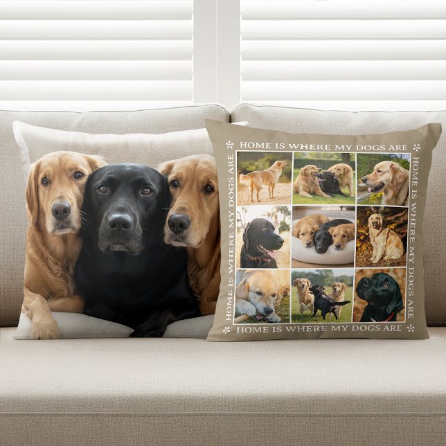 Custom Text Photo Collage Pet Dog Love Brown Throw Pillow (Creator Uploaded)