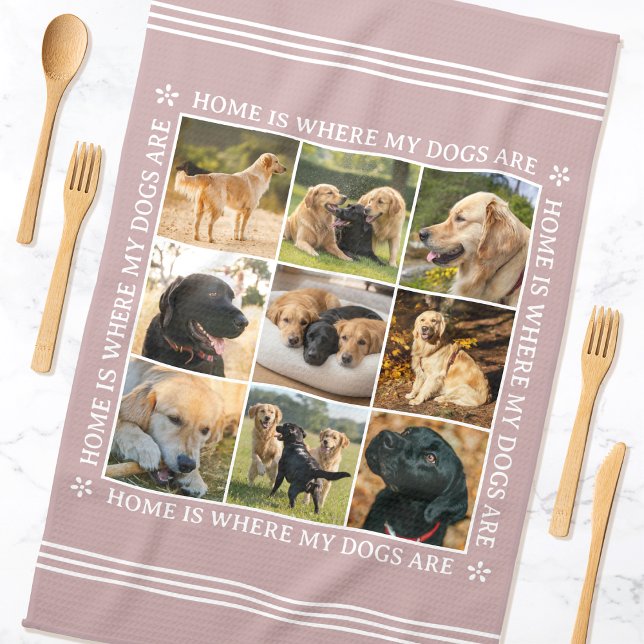 Custom Text Photo Collage Pet Dog Love Rose Pink Kitchen Towel (Creator Uploaded)