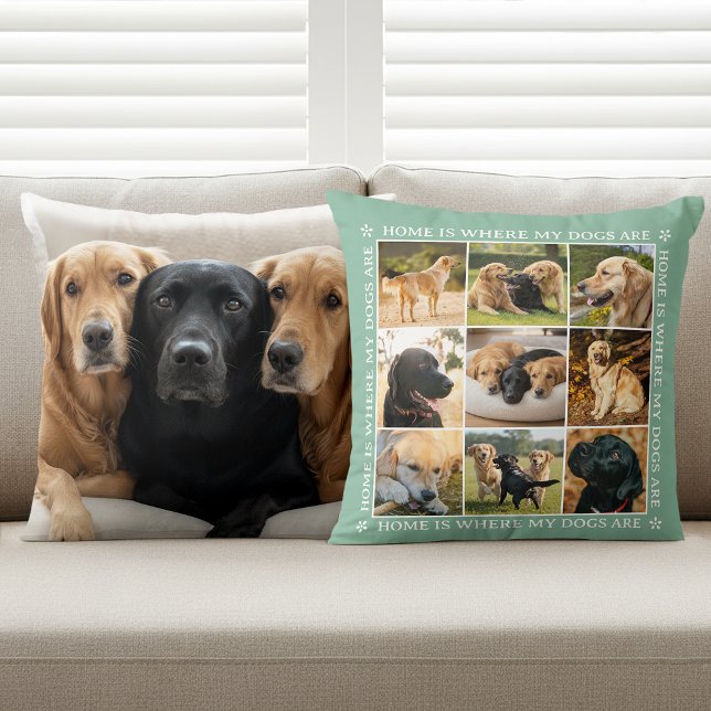 Custom Text Photo Collage Pet Dog Love Soft Green Throw Pillow (Creator Uploaded)