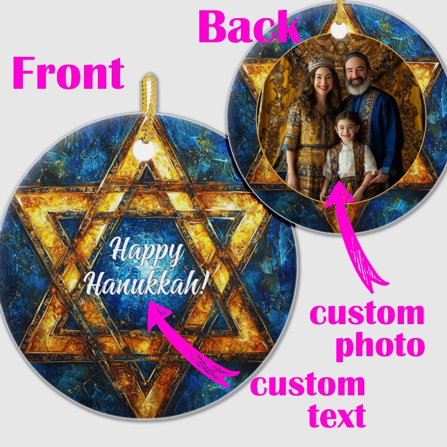 Custom text & photo Happy Hanukkah, Star of David Ceramic Ornament (Custom text & photo Happy Hanukkah, Star of David Ceramic Ornament)