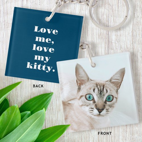Custom Text  Photo Kitty Cat Love Indigo Blue Keychain