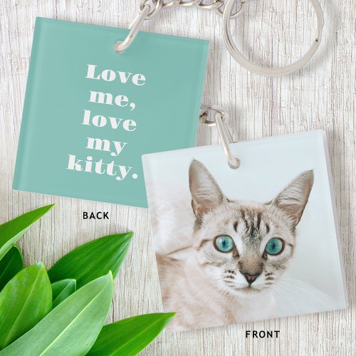 Custom Text  Photo Kitty Cat Love Mint Green Keychain
