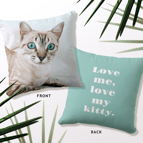 Custom Text  Photo Kitty Cat Love Mint Green Throw Pillow