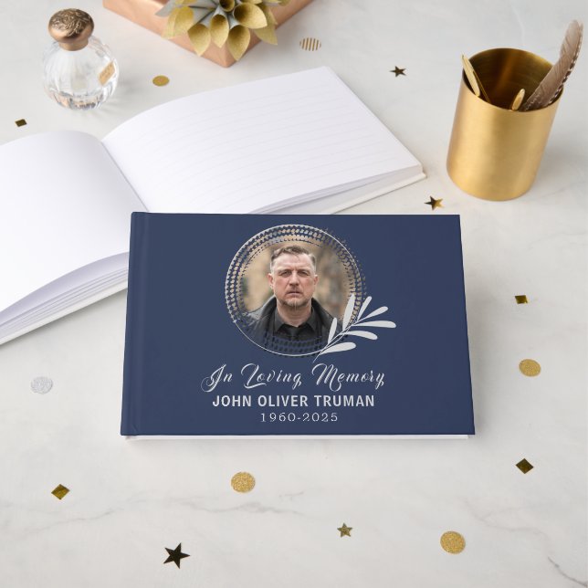 Custom Text Photo Memorial Funeral Leaves Guest Book (Front Open)