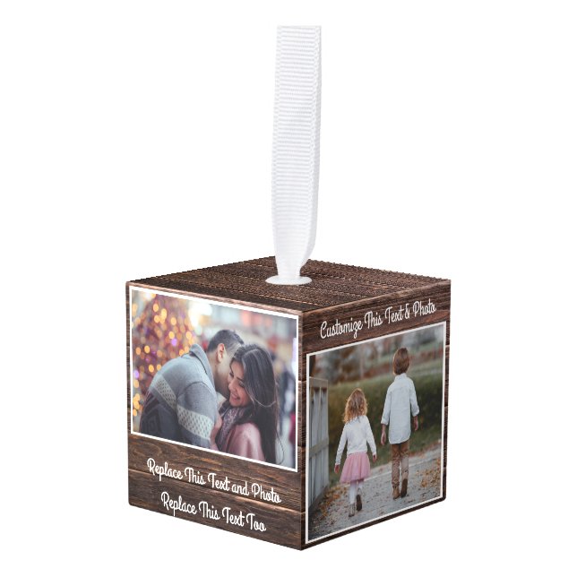 Custom Text & Photo / Wooden Elegant Country Wood Cube Ornament (Front Angled)