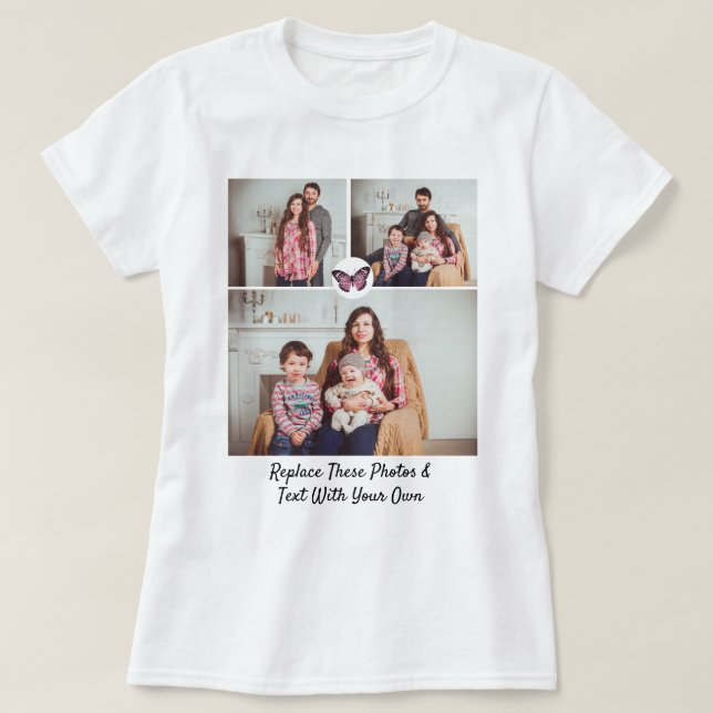 Custom Text Photos/ Pink Black Butterfly T-Shirt (Design Front)