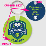 Custom text Pickleball 2-sided Keychain<br><div class="desc">Customizable text. Bright green,  navy blue and dark green pickleball with two white crossed pickleball paddles and lime green pickle ball. Back: navy blue background with custom text: Pickleball - serve,  dink,  score</div>