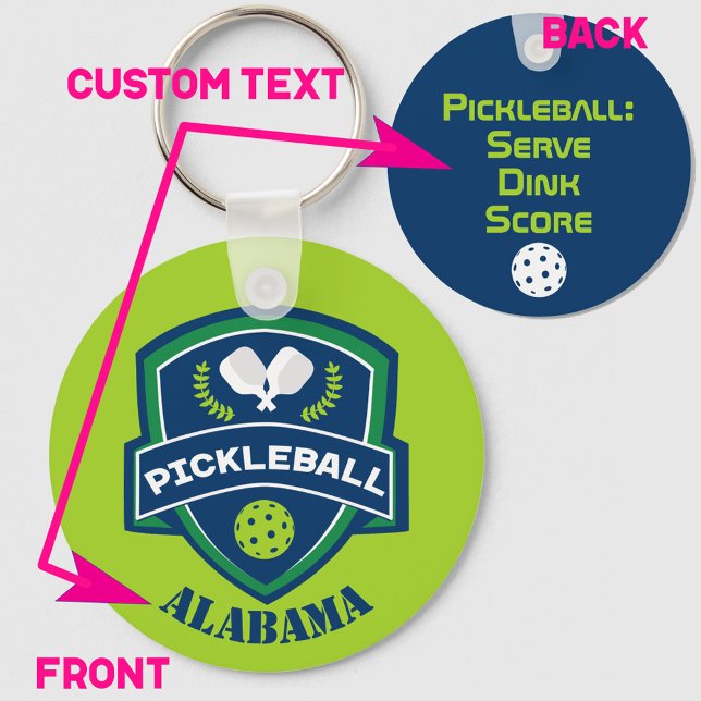 Custom text Pickleball 2-sided Keychain (Green and navy blue pickleball keyring with 2 sided custom text. Great as gift for pickleball player)