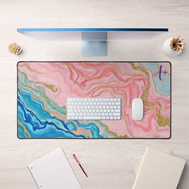Custom Text Pink and Blue Marble with Gold Veins Desk Mat (Office 1)