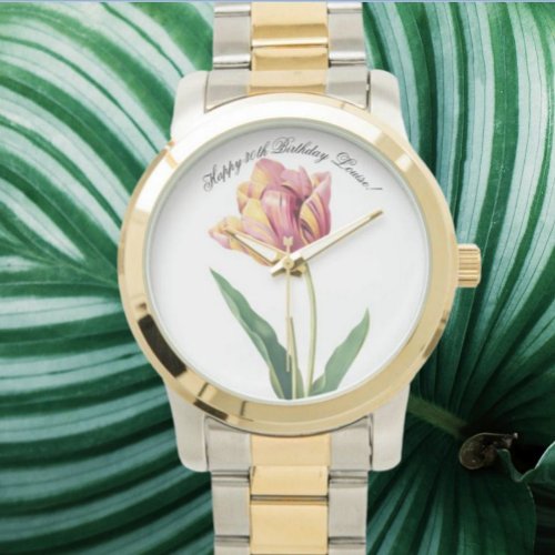 CustomText Pink and Yellow Tulip Watercolor Watch