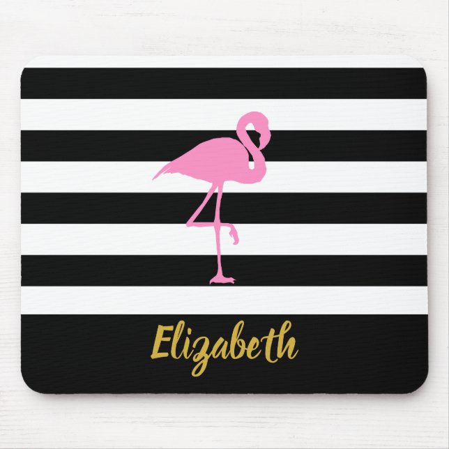 Custom Text Pink Flamingo on Black and Stripes Mouse Pad (Front)