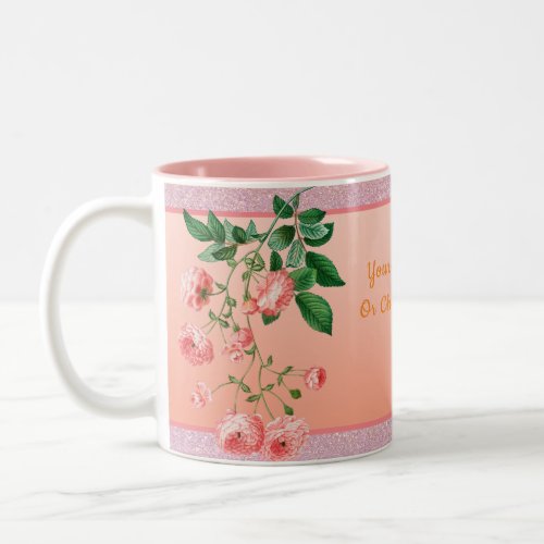 Custom Text Pink Glitter Spring Floral Flowers Two_Tone Coffee Mug