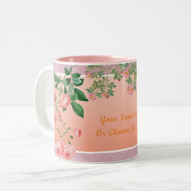 Custom Text/ Pink Glitter Spring Floral Flowers Two-Tone Coffee Mug (Front Left)