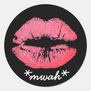 Custom Text Pink Lipstick Kiss Lip Makeup Mwah Classic Round Sticker