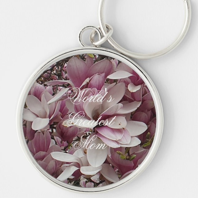Custom Text Pink Magnolia Flower Floral Keychain (Front)