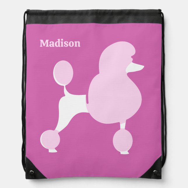 Custom Text Pink Poodle Drawstring Bag (Front)