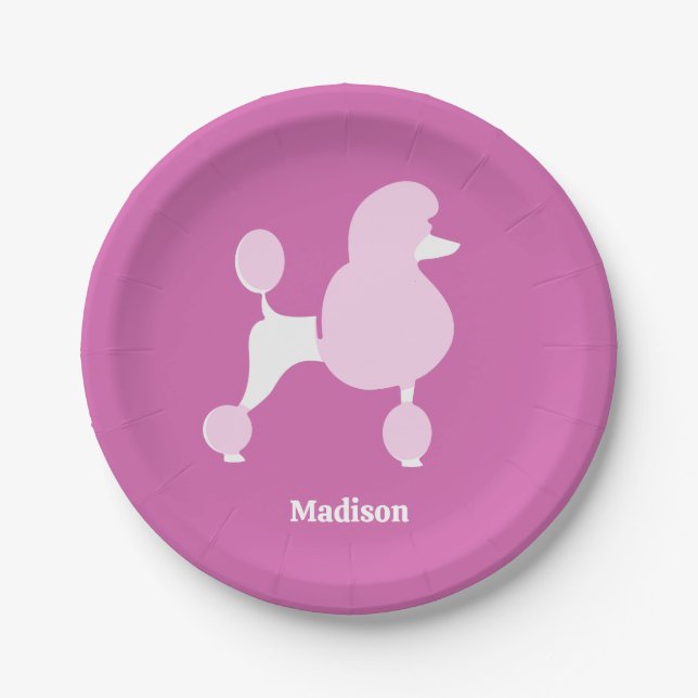 Custom Text Pink Poodle Paper Plates (Front)