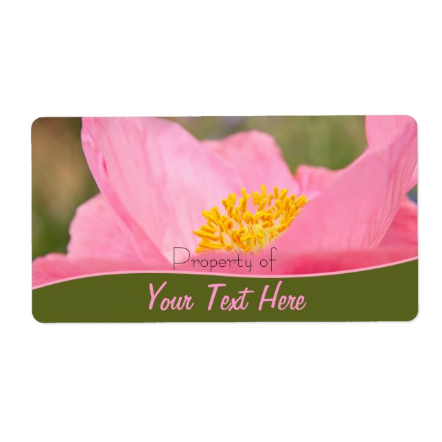 Custom Text Pink Poppy Green Border Book Label (Front)