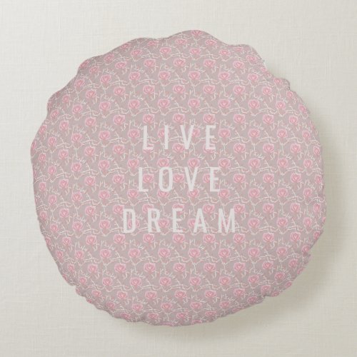 Custom Text Pink Rose and Leaf  Round Pillow