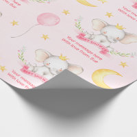 Custom Text Pink Watercolor Elephant Baby Shower Wrapping Paper