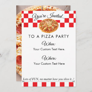 Custom Text Pizza Party Fun Red White Checker Invitation