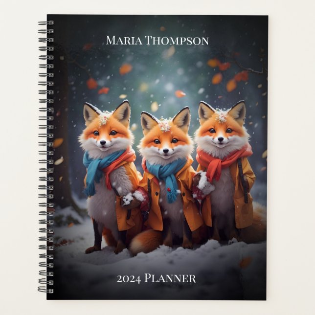 Custom Text Planner Fun Foxes Clothed In A Forest (Front)