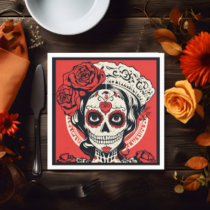 Custom text 💀 Pop Art Calavera red & white Napkins
