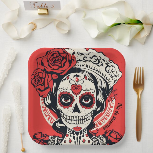 Custom text 💀 Pop Art Calavera red & white Paper Plates (Wedding)