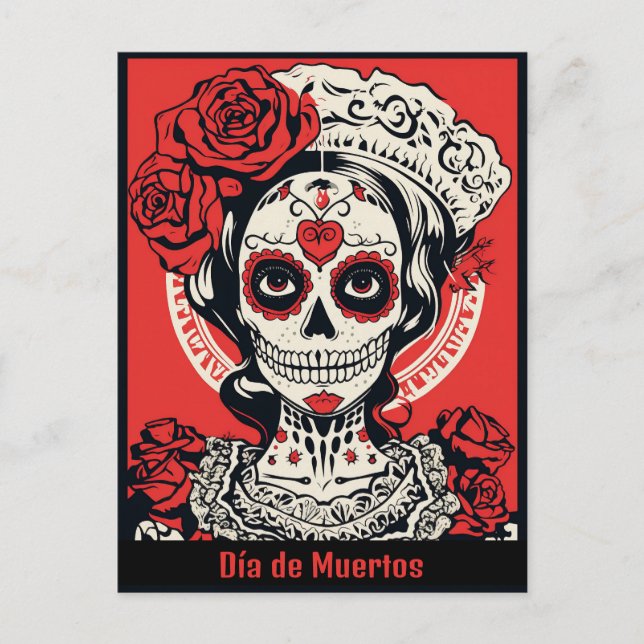 Custom text 💀 Pop Art Calavera red & white Postcard (Front)