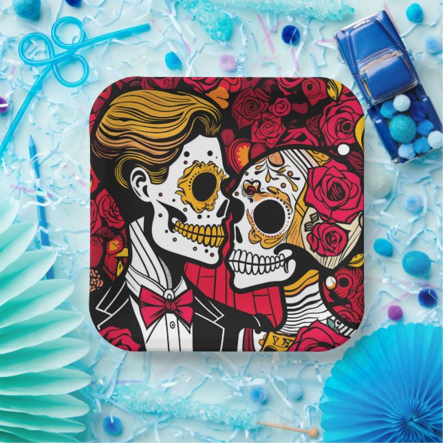Custom text 💀 Pop Día de Muertos Paper Plates (Party)