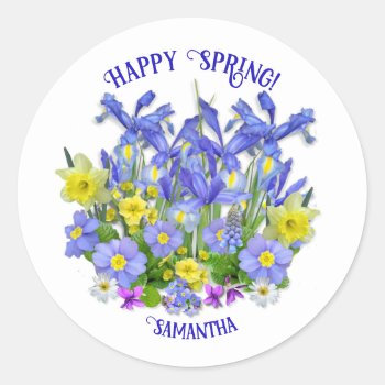 Custom Text Pretty Spring Flowers  Classic Round Sticker by shirleypoppy at Zazzle