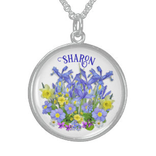 Custom Text Pretty Spring Flowers Sterling Silver Necklace