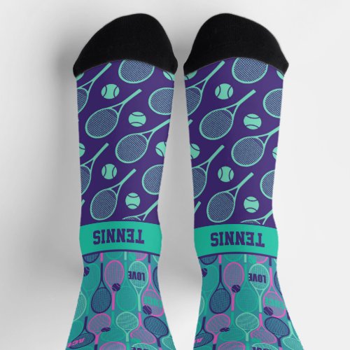Custom text purple and minty tennis rackets socks
