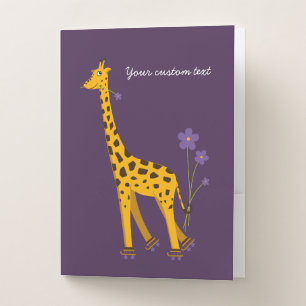 Custom Text Purple Funny Roller Skating Giraffe Pocket Folder