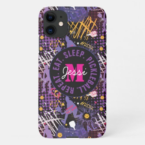 Custom text Purple  yellow  Pickleball   iPhone 11 Case