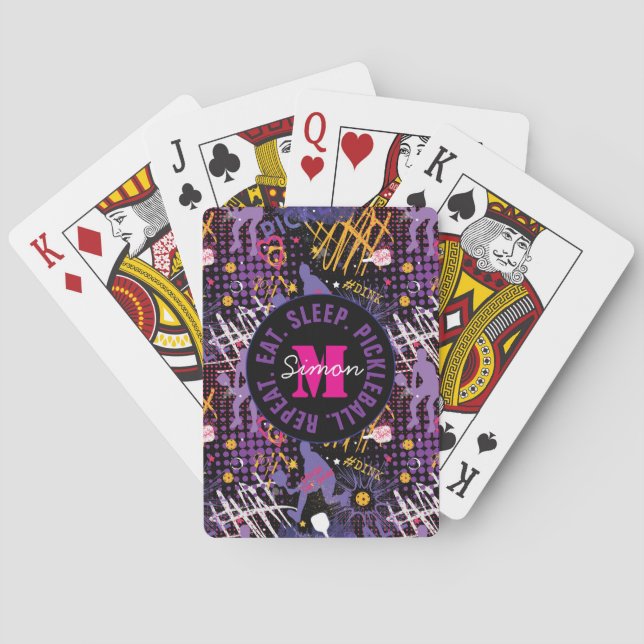 Custom text Purple + yellow  Pickleball Poker Cards (Back)
