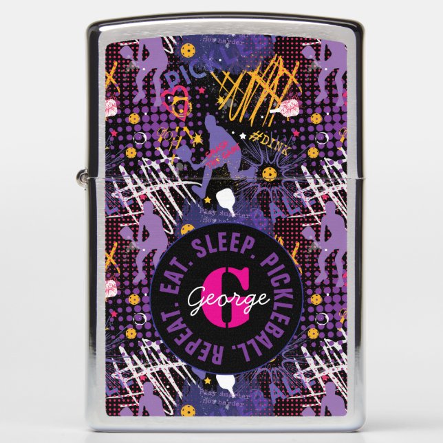 Custom text Purple + yellow  Pickleball  Zippo Lighter (Front)
