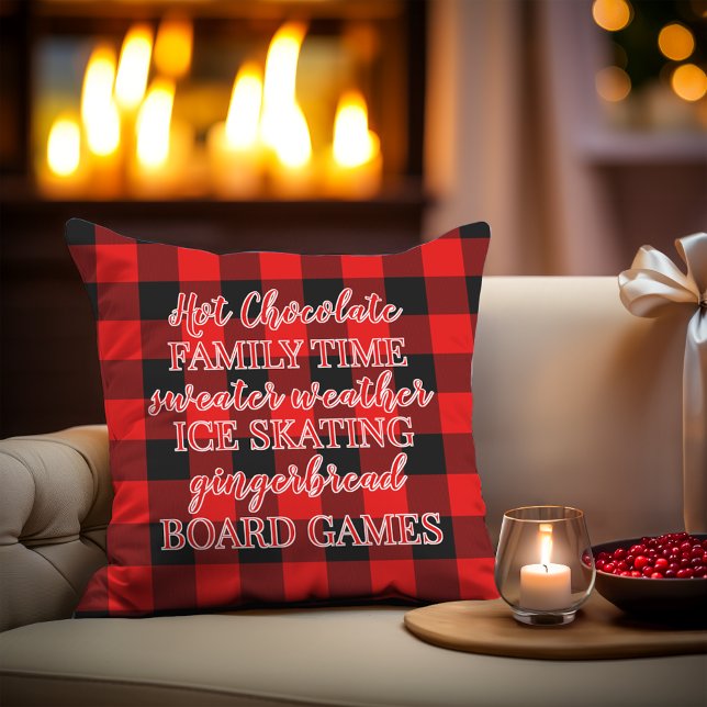 Custom Text Quote On Red Black Buffalo Check Plaid Throw Pillow (Creator Uploaded)