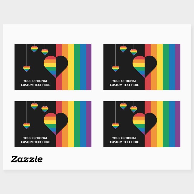 Custom Text Rainbow Hearts & Stripes Rectangular Sticker (Sheet)