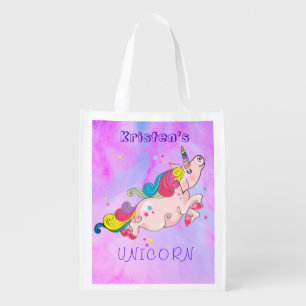 Custom Text/ Rainbow Kawaii Unicorn Watercolor Grocery Bag