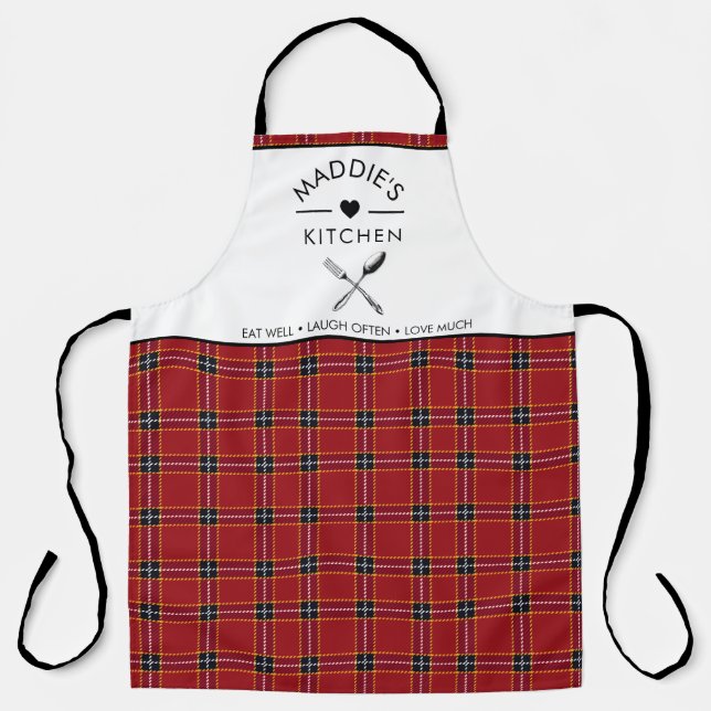 Custom Text Red and Black Plaid Pattern Apron (Front)