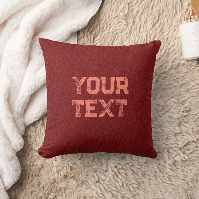 Custom Text Red Brown Leather Look Double Sided Throw Pillow (Blanket)