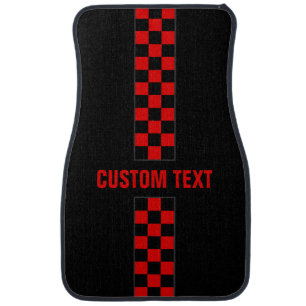 Custom Text Red Checkered Racing Stripe Car Mats