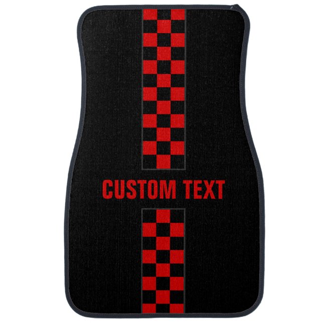 Custom Text Red Checkered Racing Stripe Car Mats (Front)