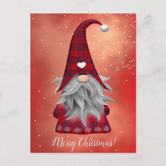 Custom Text Red Plaid Gnome & Snowflakes Holiday Postcard (Front)