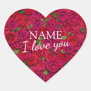 Custom Text Red Rose Pattern Romantic I Love You Heart Sticker