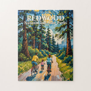 Custom Text Redwood Forest Family Cycling Colorful Jigsaw Puzzle