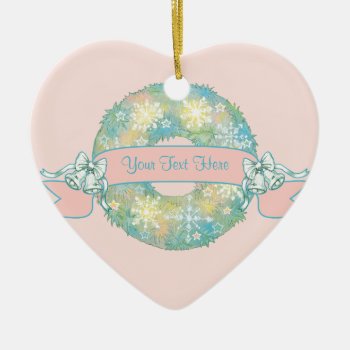 Custom Text Retro 50s Multicolor Christmas Wreath Ceramic Ornament by gingerbreadwishes at Zazzle
