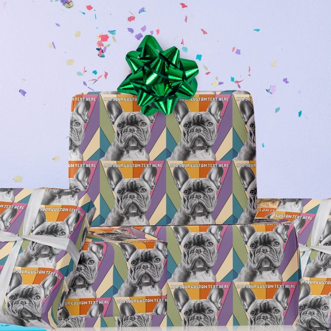 Custom Text Retro Groovy Rainbow French Bulldog Wrapping Paper (Creator Uploaded)