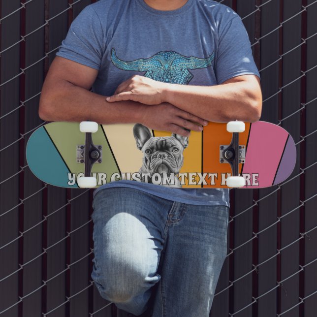 Custom Text Retro Rad Cool Rainbow French Bulldog Skateboard (Outdoor 3)